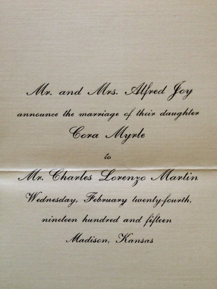 The wedding announcement for Cora and Ren Martin's wedding in 1915. They are my paternal grandparents.