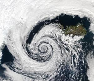 The Coriolis effect shapes all storm fronts, giving the characteristic spiral effect seen here between cold and hot air.