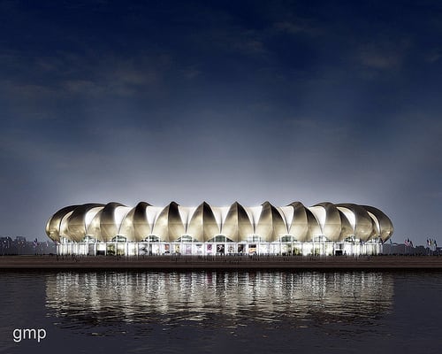 GMP Architekten’s design for this brand new stadium in the relatively small but growing oceanside city of Port Elizabeth has an appropriately nautical feel. Overlooking the city’s North End Lake, the stadium exterior emulates the sails of an early tr