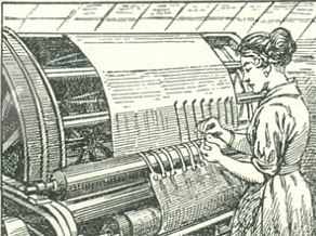 vintage line drawing of a female worker manually tying knots on a textile loom - Howard Coman invented the knot tying machine that catapulted the industrial revolution