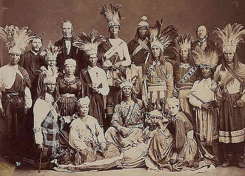 Dancers from Mohawk Nation at Kahnawake who performed during a lacrosse tournament in the presence of H.R.H. Prince Arthur, son of Queen Victoria; Montreal.