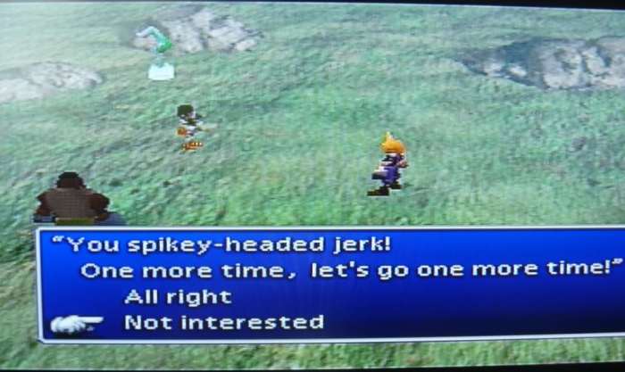 Cloud and Yuffie will exchange in a fueled back and forth. Select option 2, "Not Interested" here.