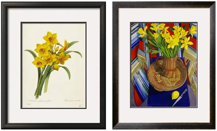 Left: Narcissus, Botanical illustration by Pierre-Joseph Redouté. Right: Jonquilles et Citrons (Daffodils and Lemons) by Isy Ochoa. Both available in a variety of sizes and formats at