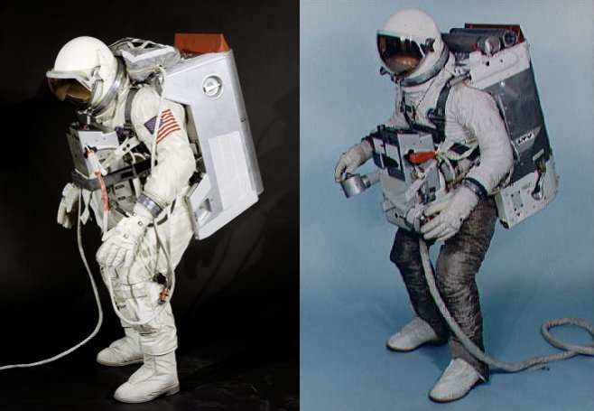 The Extravehicular Support Unit (left) and Astronaut Maneuvering Unit (right) backpacks. Protective material covers the legs of the astronaut wearing the AMU. Photos courtesy of NASA.