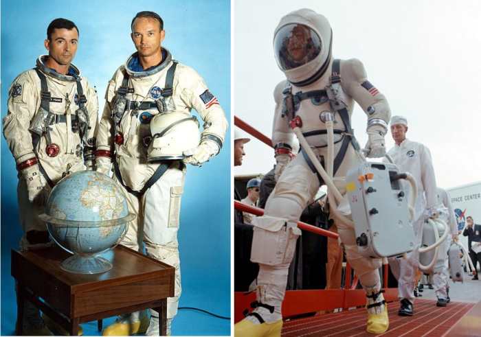 Project Gemini Space Suits: G4C (left), worn by John Young and Michael Collins, and G5C (right), worn by Jim Lovell. Lovell is carrying the portable cooling unit used by astronauts prior to entering the spacecraft. Photos courtesy of NASA.
