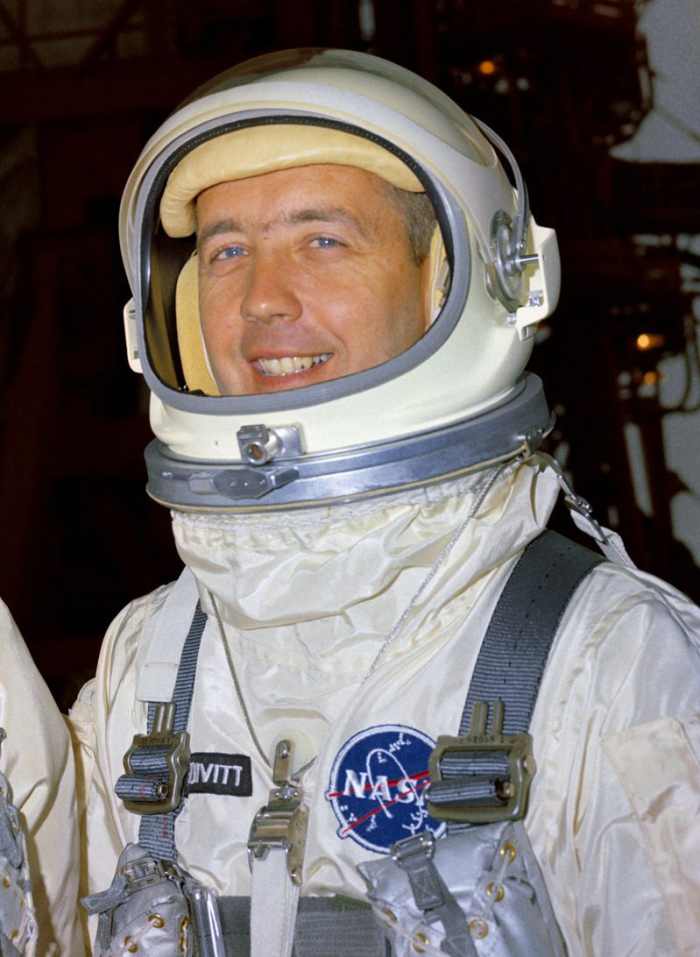Close-up of Gemini helmet, locking ring, and tie-down assembly, worn by Jim McDivitt. The drinking port is visible on the front of the helmet. Photo courtesy of NASA.