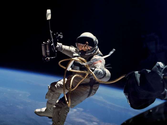 Astronaut Ed White in the Gemini G4C space suit. Support for extravehicular activity was just one of the many functions required of the Gemini suit. Photo courtesy of NASA.