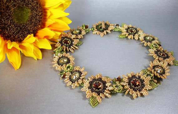 Tuscan Sunflower Beadwoven Collar: Callie used beaded leaves as components in this stunning sunflower necklace.