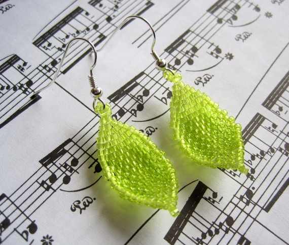 Beaded Dangle Earrings - Lime Green Leaves: I like to combined coordinating shades of delicas and Czech seed beads to make curved leaves for earrings.