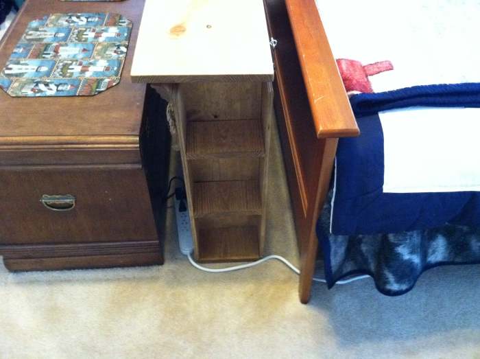 The stain was used to try to go somewhere between the light wood of the bed and the slightly dark wood of the cedar chest