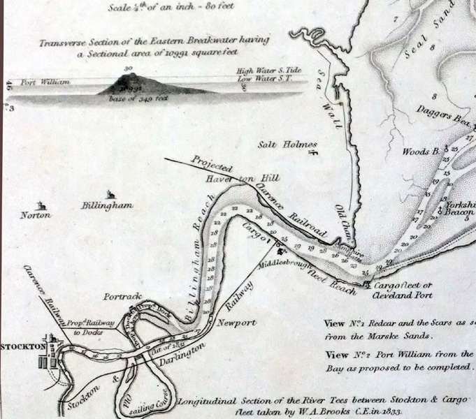 Plan shows the Tees Cut at Portrack near Stockton completed in 1831. The earlier Mandale Cut completed 1810 was to straighten the southern meander in the very 'mobile' River Tees