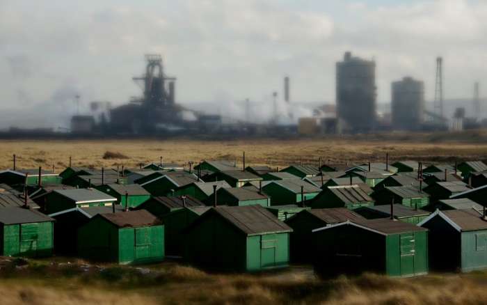 Fishermen's huts set against the backdrop of the now defunct Warrenby steel works