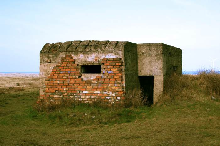 One of the wartime (WWII) concrete pillboxes has received an outer skin of brickwork. There were several near Teesmouth to combat possible landings of German forces (from the Netherlands, North Germany or Denmark).