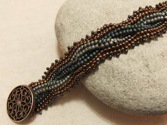 beaded Herringbone bracelet in brass, turquoise and blue