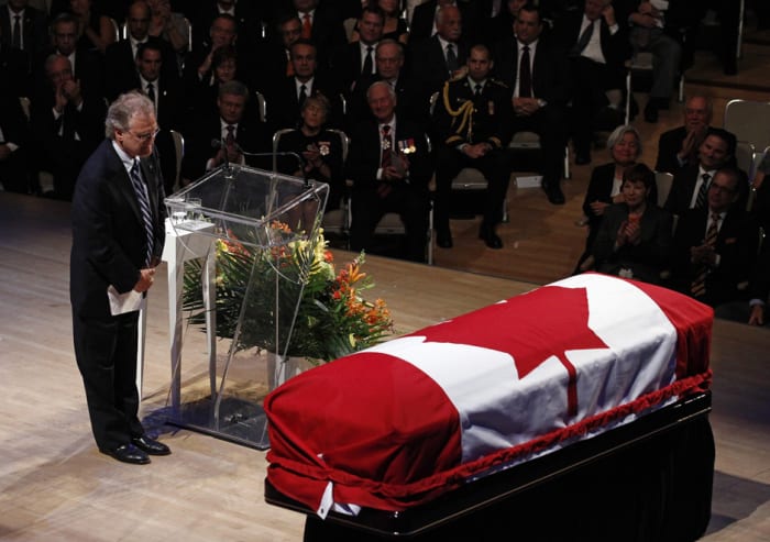 Stephen Lewis pauses after delivering a eulogy during the state funeral for NDP Opposition Leader Jack Layton.