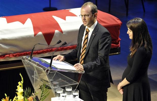 Mike and Sarah Layton, children of NDP Opposition Leader Jack Layton, speak during the state funeral for their father in Toronto August 27, 2011.
