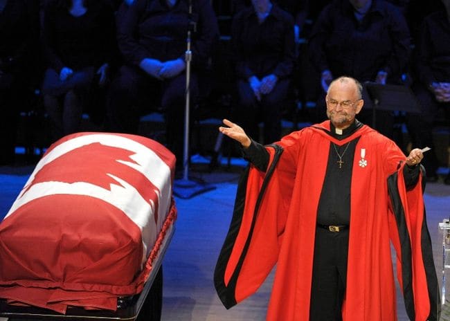 Reverend Brent Hawkes gestures during the state funeral for NDP Opposition Leader Jack Layton in Toronto August 27, 2011.