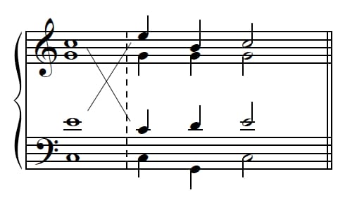 Example 15--I-V-I with leaping soprano, and its conversion to neighbor-tone version via voice exchanges.