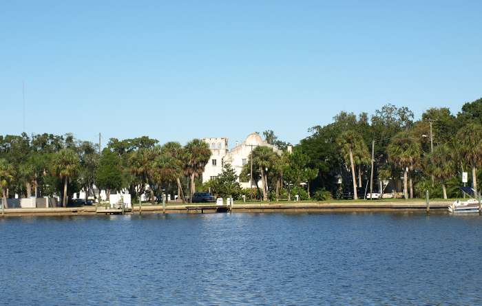 Spring Branch of Whitcomb Bayou, sometimes called Spring Bayou. In the distance you can see a church building of the Greek Orthodox style built in 1920.