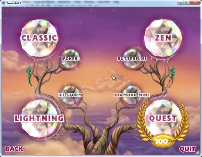 Main game menu for Bejeweled 3, with the four hidden games unlocked, and the Quest mode completed