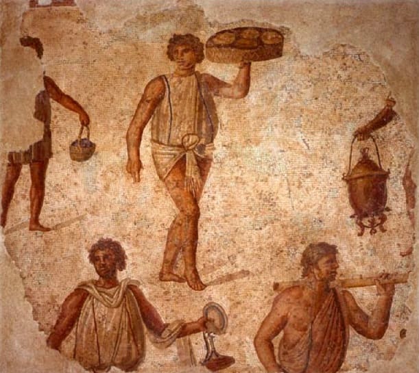 Ancient print picturing a group of slaves, each one originating from a different culture.