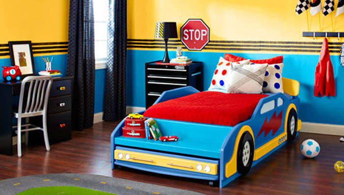 That bed makes the entire room! By matching the colors of the bed to the wall the room feels totally tied together.