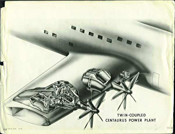 A unique design feature at the time for the Bristol Brabazon, two engines coupled to shafts to turn contra- rotating 3- blade propellers. Note: This an earlier design with four blades instead of the three blades for the final design.
