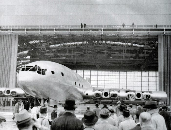 Partially completed Bristol Brabazon. You can see the nacelles on the wing for four of the eight engines and openings for the propellers.