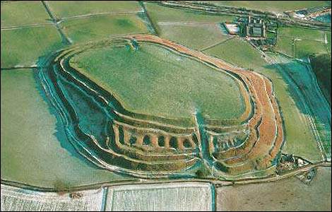 Old Oswestry Iron Age hill fort in Shropshire (Salop), shows its 'stepped' defences with an odd 'dimpled' effect (like a pie crust)