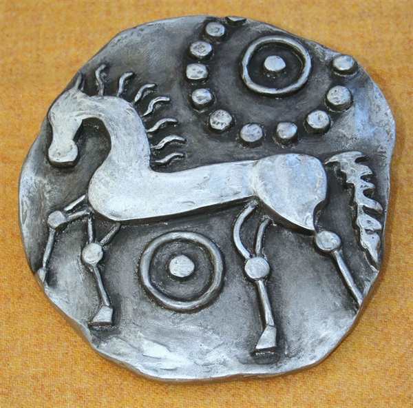Celtic horse coin design from an original - note the 'sun' circle design above the horse's back, another aspect of Celtic worship