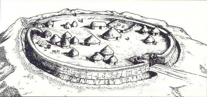 Drawing of a Celtic hill fort showing the round houses within the stockade and very solid-looking gateway