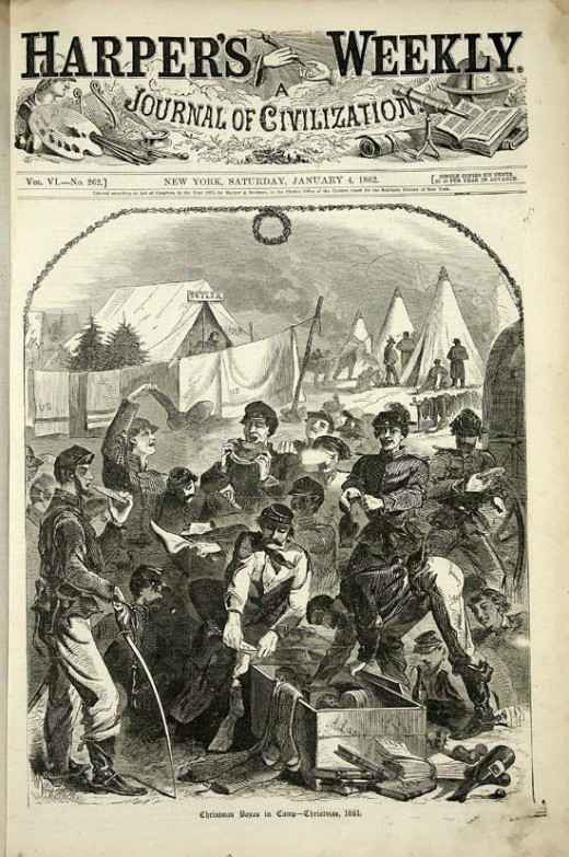 A newspaper illustration which shows a care package, most likely made by townsfolk back home, delivered to a Company at Christmas time