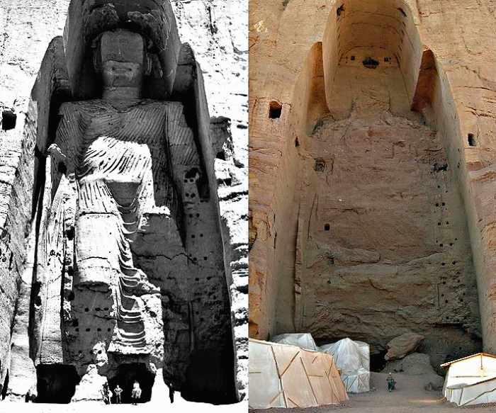 A composite of two photos - before and after the destruction of the Bamayin Buddhas. The photo on the left was taken in 1963. The photo on the right was taken after the destruction of the statue in 2001