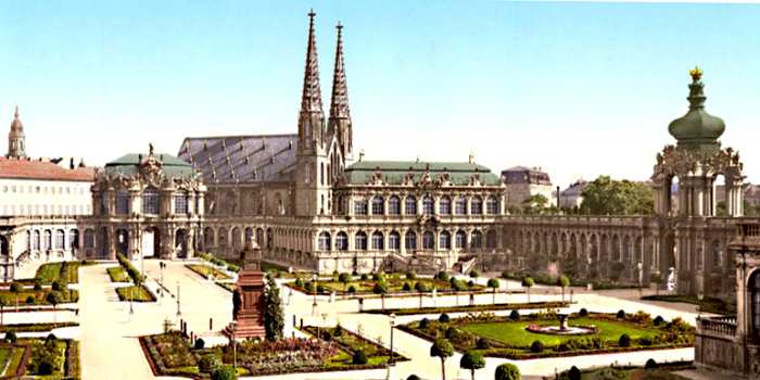 The 14th century Saint Sophia's Church in Dresden - one of the oldest in the city. Heavily damaged by British bombers in 1945 and then demolished by the East German Government in 1962. An original colourised photograph c1885