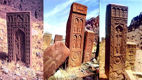 Some of the beautifully carved tombstones from the Julfa Armenian Cemetery in Azerbaijan. Destruction of the cemetery was a way of eradicating evidence of any historic Armenian presence in the region - another example of 'cultural cleansing'