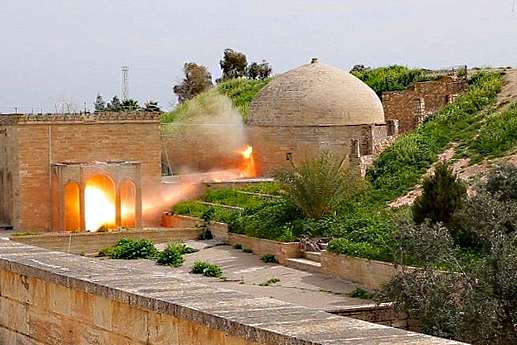 The moment when ISIL blew up the tomb complex of the12-13th century Monastery of Mar Behnam near Qaraqosh in Iraq. This important site featured 4th century tombs and ancient inscriptions
