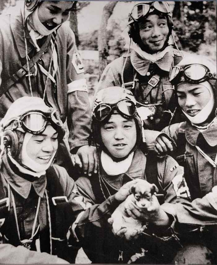 May 26, 1945 Corporal Yukio Araki, holding a puppy, and four other pilots of the 72cnd Shinbu Squadron at Bensei, Kagoshima, Araki died the following day, in a suicide attack on ships near Okinawa.