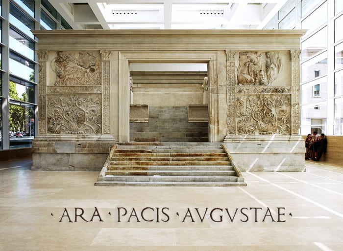 The Ara Pacis Augustae is an altar in Rome dedicated to Pax, the Roman goddess of Peace. The monument was commissioned by the Roman Senate on July 4, 13 BC to honour the return of Augustus to Rome photo July-Oct. 2008