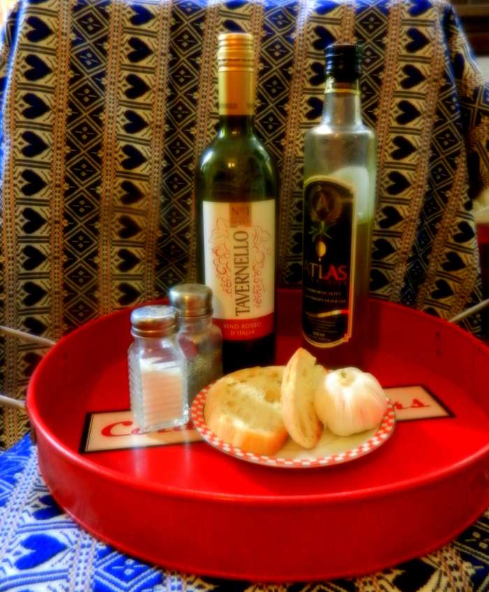 Ingredients for Istrian Soup. The tablecloth in the background is of the heart and checker pattern traditional to Croatia.
