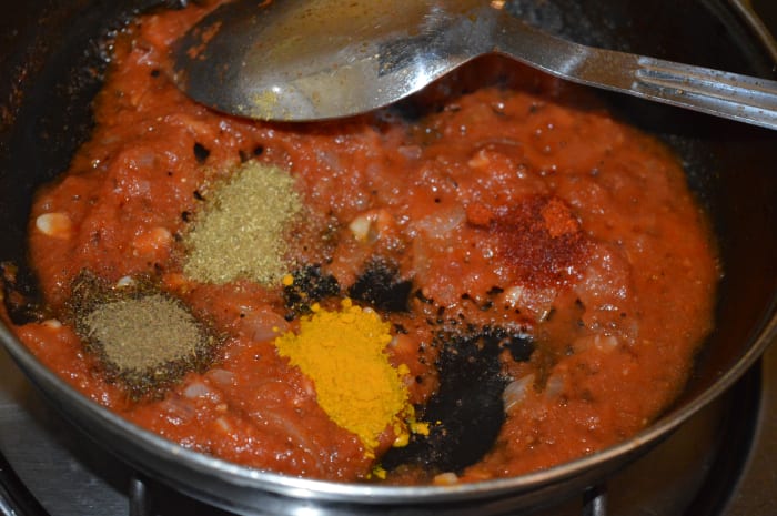 Step four: Now, add all the spices as per instructions. Also, add salt. Saute the mixture for 10 seconds.