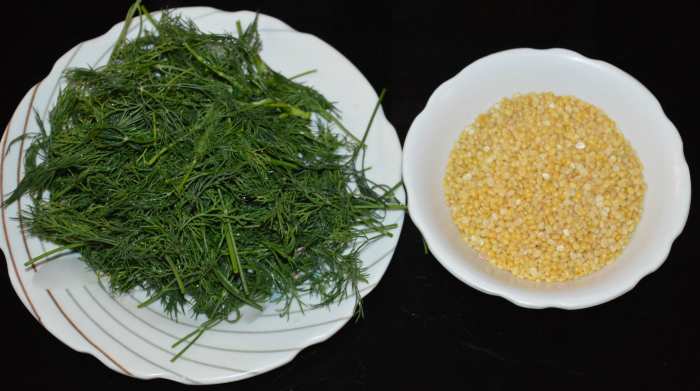 Step one: Wash mung beans in water. Cook it with chopped dill leaves, adding some water as per instructions. Don't overcook them. Set aside.