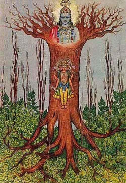 Mystical Banyan Tree of Bhagavad Gita, At the top of the roots, Lord Krishna is illustrated. Below him, there's a human being. His many faces and hands refer to the different phases of life.