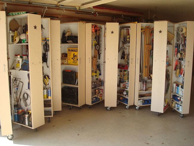 All four cabinets opened to show how much storage is available. Casters are installed and ready to roll into position.