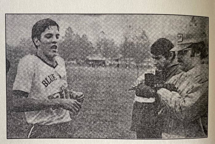 Mike Jackson finishing first place as a sophomore in the District Cross Country Meet, Kiwanis Park, Decatur, IL.