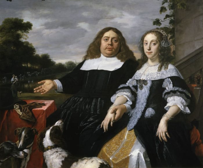Woman in black dress with stomacher, falling collar, and elbow length sleeves cira 1665