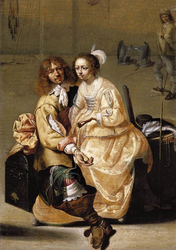 1630 satin high waisted gown. Woman's hair with short curls in front.