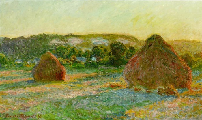 Stacks of Wheat (End of Summer) - painted by Claude Monet in 1897; oil on canvas, 60 × 100 cm (23.6 × 39.4 in). Current location: Art Institute of Chicago