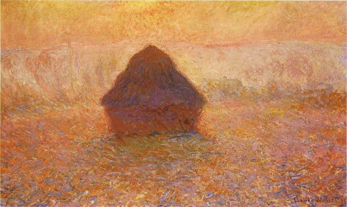 Grainstacks Snow Effect painted by Claude Monet (1890/91). In French - "Meules, effet de neige". Oil on canvas; 65 × 100 cm (25.6 × 39.4 in). Current location: Minneapolis Institute of Arts
