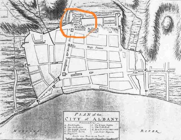 Plan for the town of Albany NY with the star fort, Fort Orange, at the top.