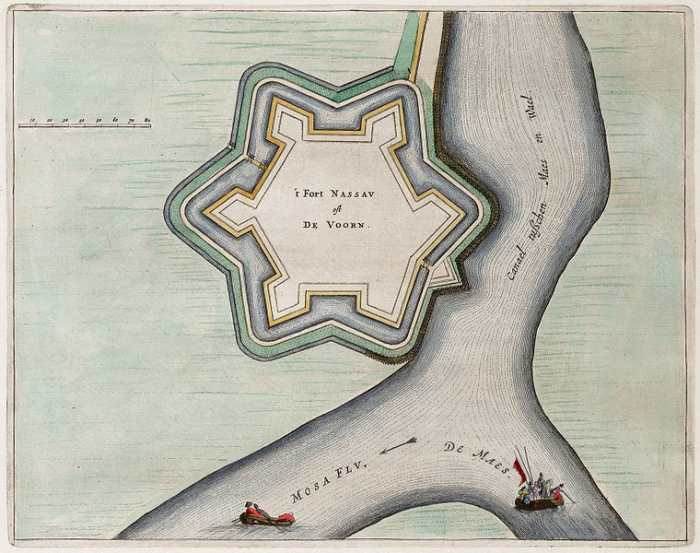 Pattern for American Star Forts: Fort De Voorn (Nassau): Drawing from 1649. Fort de Voorn or Fort Nassau, at the junction of the Maas and Waal at Heerewaarden, the Netherlands